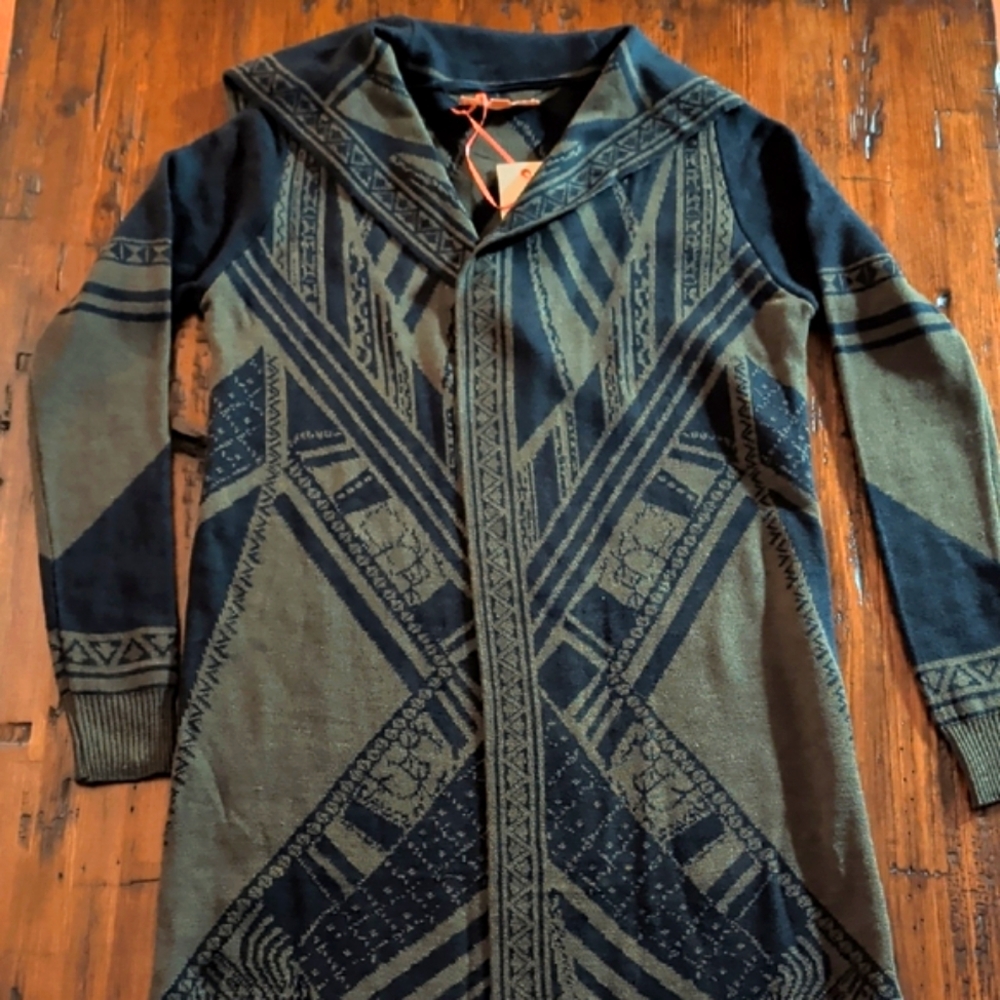 Peachpuff Green Geometric Patterned Long Open Cardigan Size Small NEW